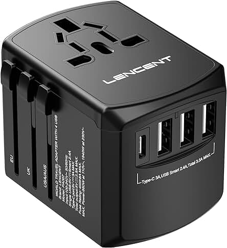 Adaptador Enchufe Universal de Viaje con 4 Puertos USB y Tipo C, Negro
