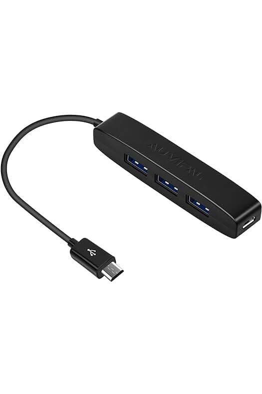 Adaptador Micro USB OTG de 3 Puertos con Puerto de Alimentación para dispositivos multimedia, negro.