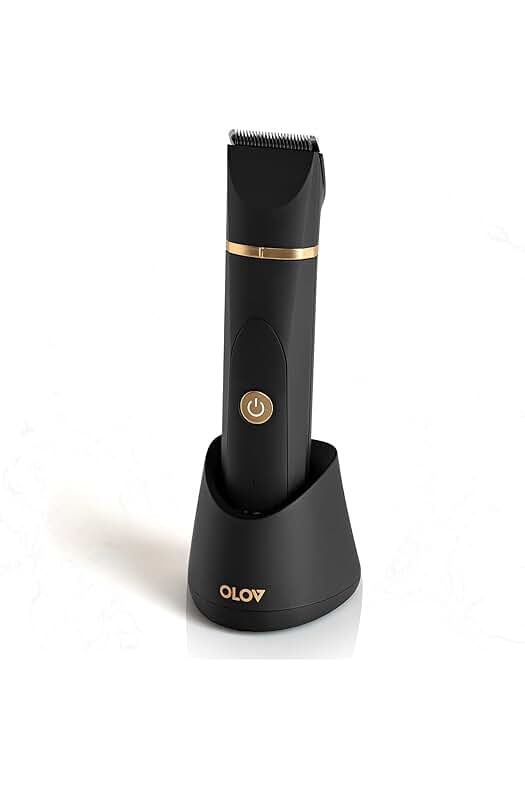 Afeitadora corporal masculina con cuchilla de cerámica desmontable y base de recarga USB.