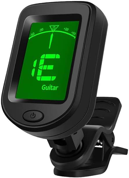 Afinador de guitarra digital con pantalla LCD y batería incluida.