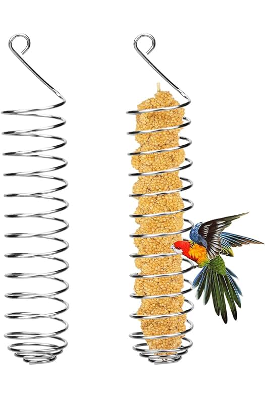 Alimentador para aves de acero inoxidable, ideal para ofrecer frutas frescas a loros y periquitos.