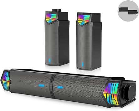 Altavoz Bluetooth para PC con diseño LED RGB dinámico y sonido estéreo desmontable.