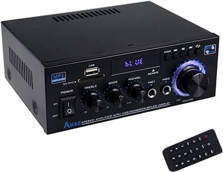 Amplificador de audio estéreo con Bluetooth 5.0 y entrada para tarjeta SD/USB.