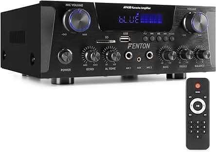 Amplificador de Audio HiFi Fenton AV340B de 600W con Bluetooth y Karaoke, Color Negro.