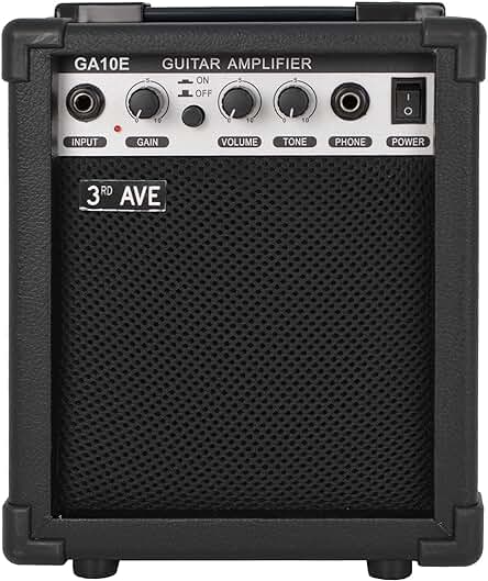 Amplificador de guitarra compacto de 10 W con salida para auriculares y función de distorsión.