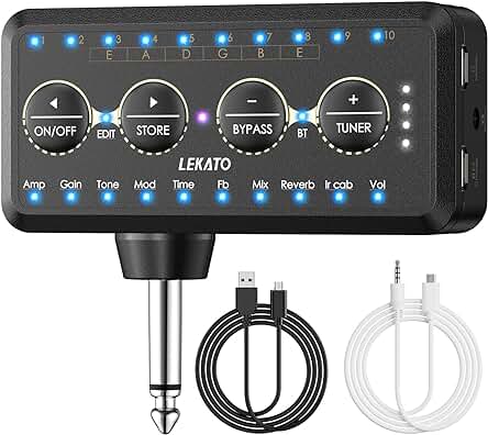 Amplificador de guitarra LEKATO con múltiples efectos, afinador, grabación USB y receptor Bluetooth.
