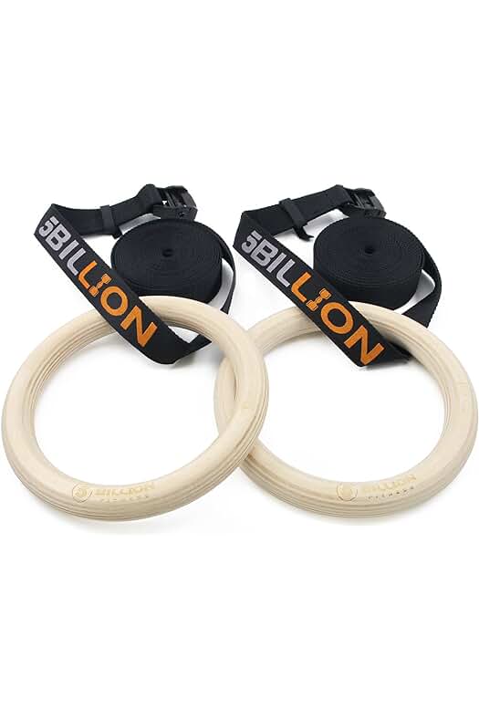 Anillos de gimnasia de madera ajustables para entrenamiento de fuerza y levantamientos musculares.