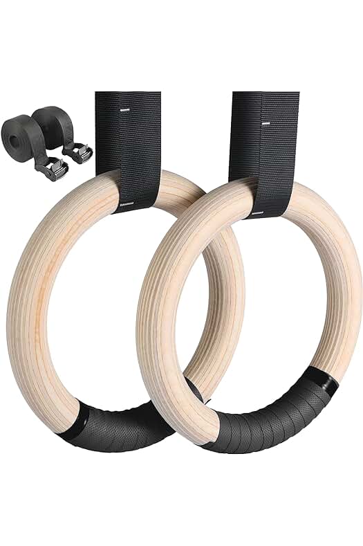 Anillos de gimnasia olímpica de madera con correas ajustables y marcadores para entrenamiento completo del cuerpo.