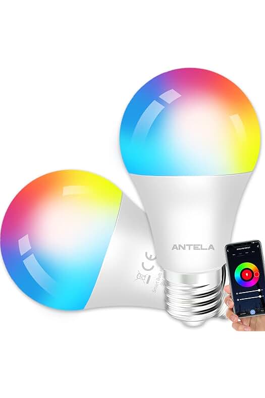 ANTELA Bombilla Inteligente LED E27 Wifi 9W Compatible Con Google Home/Alexa, Bombilla RGB(2700K-6500K) Luces Colores Regulable, Control Remoto,Control De Voz, Ahorro Energético, Paquete 2 - Título optimizado para SEO: Bombilla Inteligente LED E27 Wifi 9W Compatible Con Asistentes de Voz, RGB, Ahorro Energético