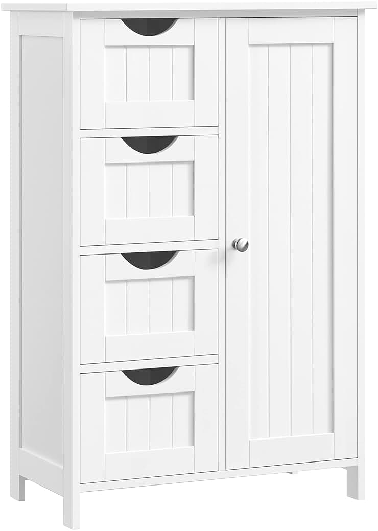 Armario de baño estrecho con cajones y puerta ajustable en blanco.