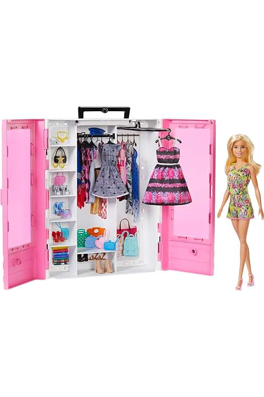 Armario portátil Barbie Fashionista con muñeca, ropa y accesorios de moda (Mattel GBK12)