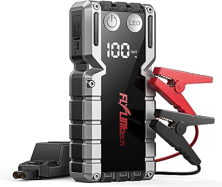 Arrancador de Coches FLYLINKTECH: Potente, resistente al agua y con linterna LED y puerto USB.