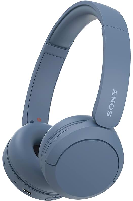 Auriculares Bluetooth Sony WH-CH520 con hasta 50 horas de batería y diseño en azul.