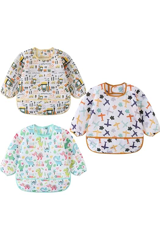 Babero con Mangas Impermeable para Bebés - Pack de 3 unidades, ideal para la alimentación.