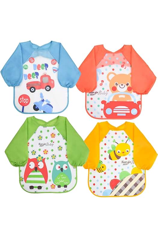 Babero impermeable bebé con mangas, ideal para pintar y mantener a tu bebé limpio.