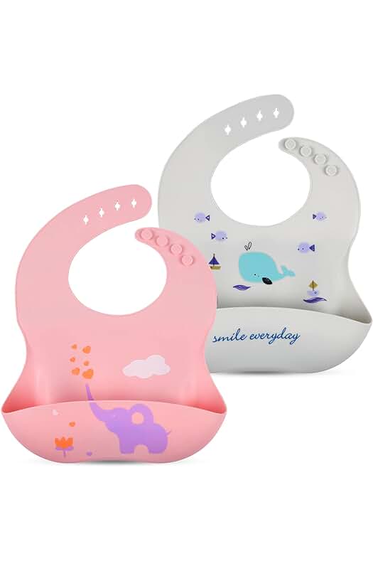 Baberos de silicona ajustables y resistentes al agua para bebés y niños pequeños.
