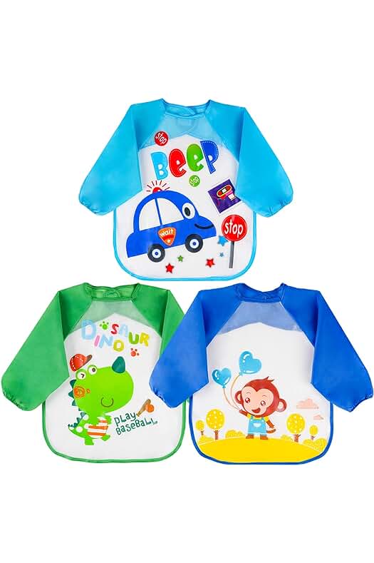 Baberos para bebé resistentes al agua - Set de 3 baberos con mangas largas.