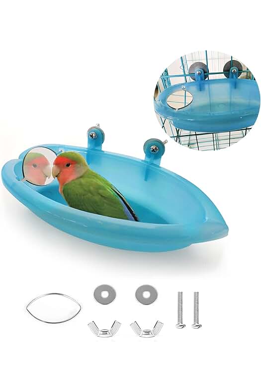 Bañera para pájaros con espejo colgante para ducha y limpieza - Accesorio para loros y periquitos.