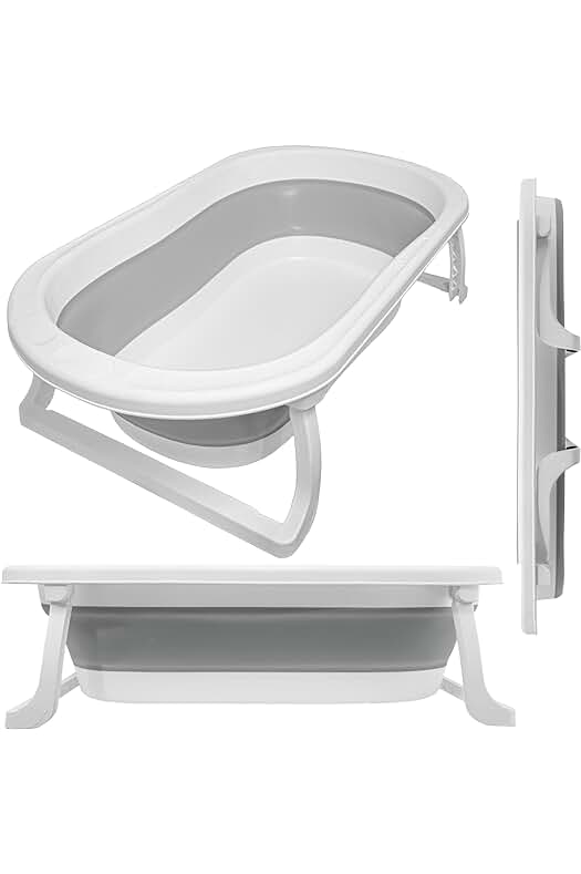 Bañera plegable para bebé compacta y segura en color gris.