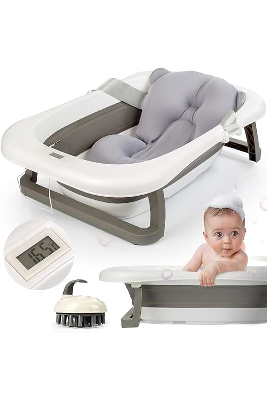 Bañera plegable para bebé con termómetro y cojín ergonómico - Blanco y Gris