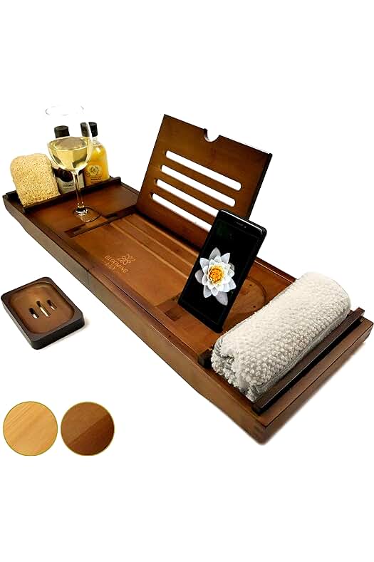 Bandeja de baño con soporte de madera para vino, iPad, móvil y más - Blooming Lily (Marrón)