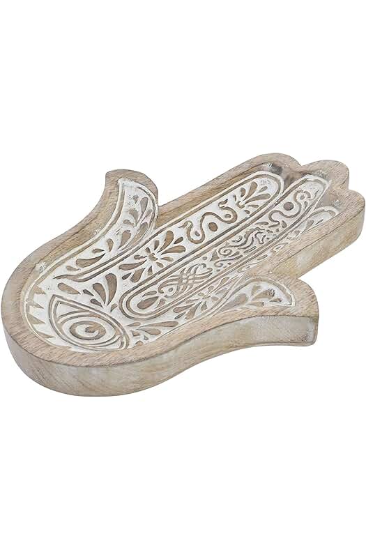 Bandeja de madera vaciabolsillos con diseño Hamsa decape - Organizador elegante y funcional.