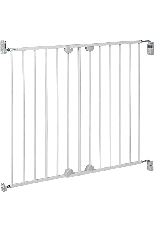 Barrera de seguridad extensible para escaleras y puertas, ideal para proteger a niños y mascotas.