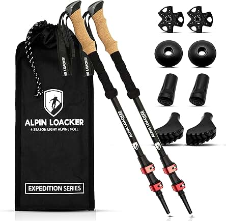 Bastones de senderismo de aluminio ligero con accesorios y bolso de transporte.