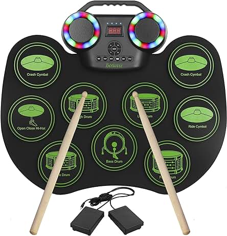 Batería Electrónica Portátil Bonvvie E-Drum Kit con 9 Pads, MIDI y Altavoces Integrados