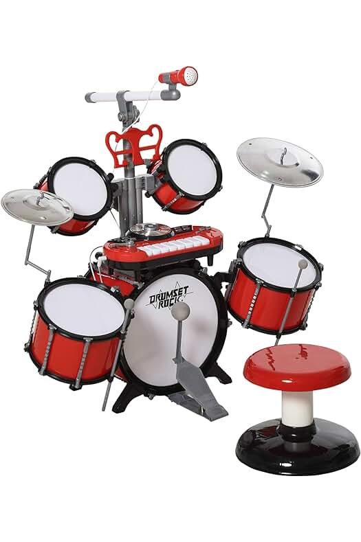 Batería Infantil HOMCOM con Taburete y Accesorios Musicales para Niños +3 Años en Rojo.