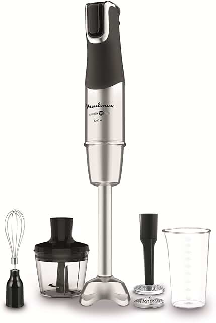 Batidora de brazo Moulinex Powelix Life DD95HD, potente y duradera, con accesorio pasapuré y selector ergonómico.