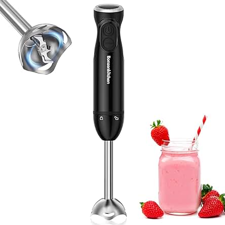 Batidora de mano Bonsenkitchen de acero inoxidable, potente y versátil para preparar deliciosas recetas.