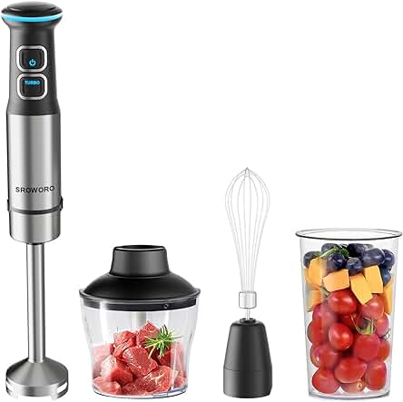 Batidora de mano SROWORO 1500W 4 en 1 con 21 velocidades y accesorios incluidos.