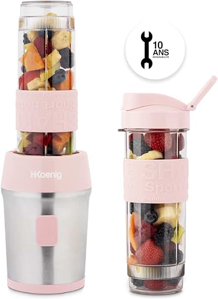 Batidora de vaso individual H.Koenig SMOO12: Licuadora portátil para smoothies, sin BPA, color rosa palo.