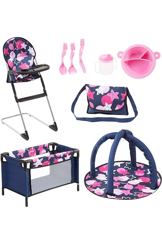 Bayer Design: Conjunto de accesorios para muñecas con cuna de viaje y trona.