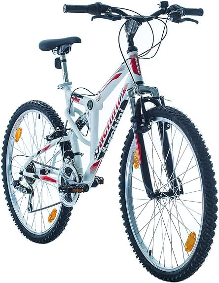 Bicicleta de montaña: CoollooK Extreme, Doble Suspensión, 18 Velocidades, Llantas MACH1, Blanco-Brillo, 26 Pulgadas.
