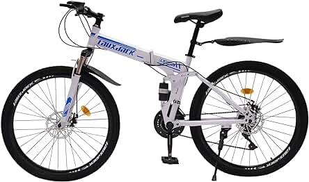 Bicicleta de montaña plegable CuCummoo: 26 pulgadas, 21 velocidades, freno de disco dual, azul/blanco.
