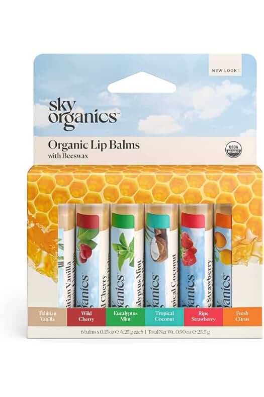 Bálsamo labial orgánico certificado con cera de abejas - Pack con 6 deliciosos sabores.