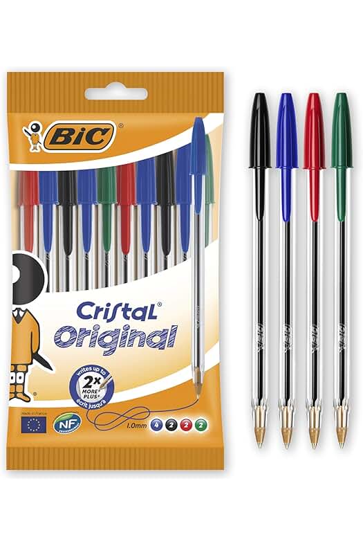 Bolígrafos Multicolor BIC Cristal, Pack de 10 Unidades, Ideal para Oficina, Casa y Escuela