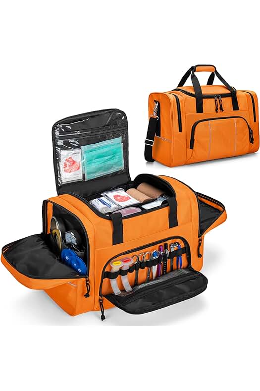 Bolsa de primeros auxilios para emergencias con múltiples bolsillos y suministros médicos, color naranja
