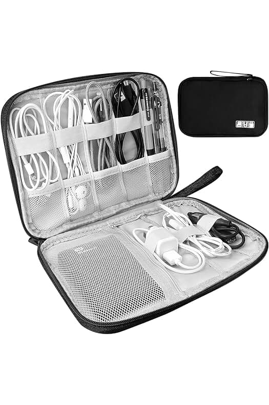 Bolsa de viaje multifuncional para accesorios electrónicos y cables.