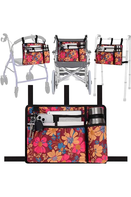 Bolsa impermeable con portavasos para andador, sillas de ruedas y patinetes (diseño floral)