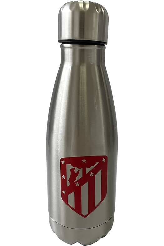 Botella de Agua de Acero Inoxidable del Atlético de Madrid, Cierre Hermético, 550 ml, Color Metalizado.
