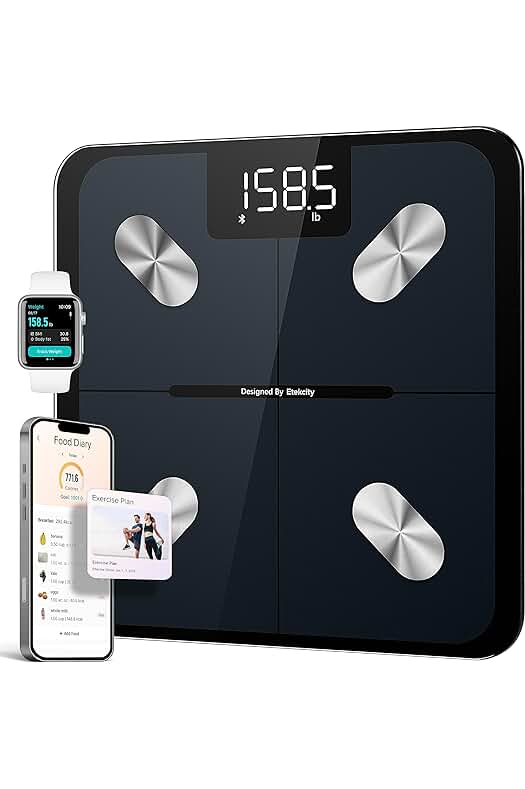 Báscula de baño inteligente con análisis corporal y conexión Bluetooth, color negro.