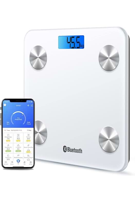 Báscula Inteligente con Bluetooth para Medir Peso, IMC, Masa Muscular y Grasa Corporal (blanco)