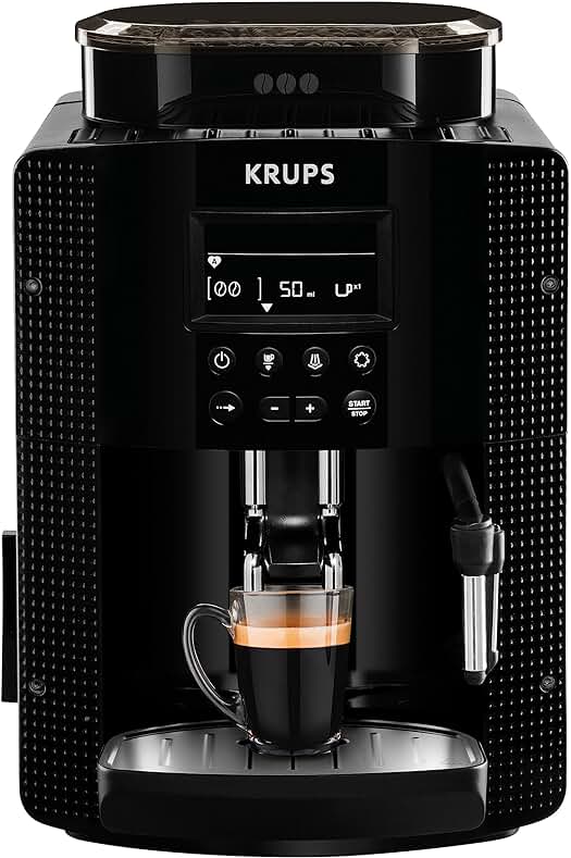 Cafetera expreso superautomática Krups Roma EA81P0, con múltiples niveles de temperatura y texturas de molienda.