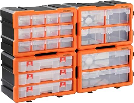 Caja de almacenaje transparente con 72 compartimentos para organizar herramientas y tornillos.