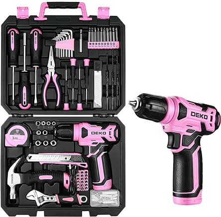 Caja de Herramientas Rosa Completa para Bricolaje Doméstico y Jardinería con Taladro Eléctrico sin Cuerda