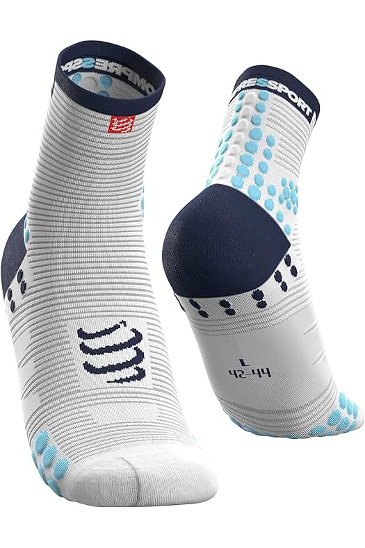 Calcetines de compresión para hombre Compressport SH3T3WB, Blanco/Azul, talla 42-44.