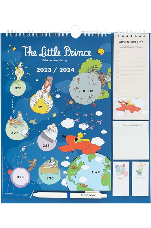 Calendario anual El Principito 2023-2024 con notas adhesivas, pegatinas y planificador mensual.